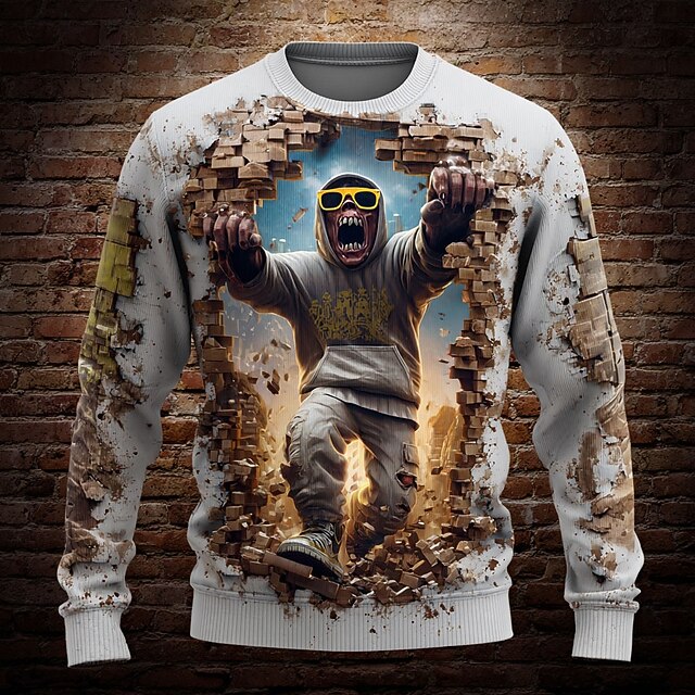 Men's Cartoon Pullover Sweater Jumper Knitwear Crewneck Casual Vacation Street Daily 3D Print Graphic Keep Warm Long Sleeve Spring Fall Winter White4
