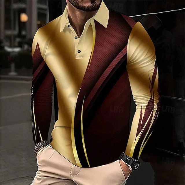 Men's Geometric Abstract Polo Long Sleeve Polo Shirts Lapel Casual Street Athleisure Daily Wear 3D Print Buttons Spring Fall Winter Gold4