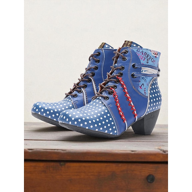  Ghete retro cu buline pentru femei, în stil anii 1950 – ghete albastre din piele, cu șireturi, tocuri joase, cusături colorate și stil vintage, pentru ținute casual, festivaluri și look-uri artistice la modă