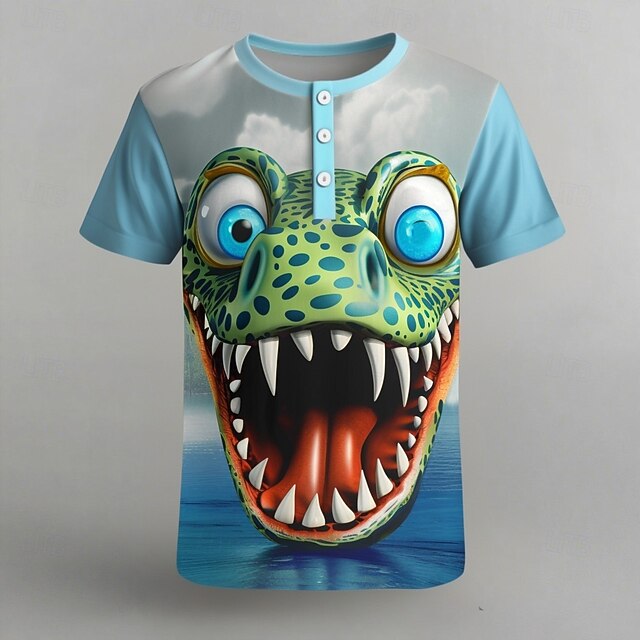 Men's Cartoon Crocodile T Shirt Henley Shirt Short Sleeve Designer Retro Vintage Trendy Street Casual Daily Summer Spring Light Blue Henley Henley T-Shirt4