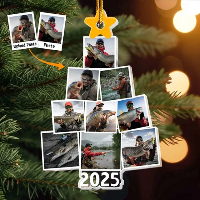 Personalized Christmas Tree Fishing Photo Ornaments Acrylic 2D Custom Picture Frame Decor Christmas Tree Xmas Decoration Hanging Pendant Gifts for Family and Friends 7