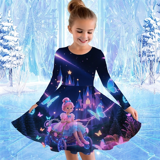  Jenter' 3D Tegneserie Sommerfugl Kjole Langermet Sommer Vår Feriereise Daglig Ferie Prinsesse Vakker Søt Barn 4-12 år Uformell kjole Kjole med A-linje Knelang Normal