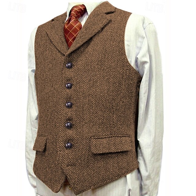 Men's Vest Waistcoat Gilet Vacation Party Business Fashion Casual Spring Fall Pocket Buttons Polyester Comfortable Plain Single Breasted One-button Lapel Regular Fit Black Green Khaki Light Grey Vest 8