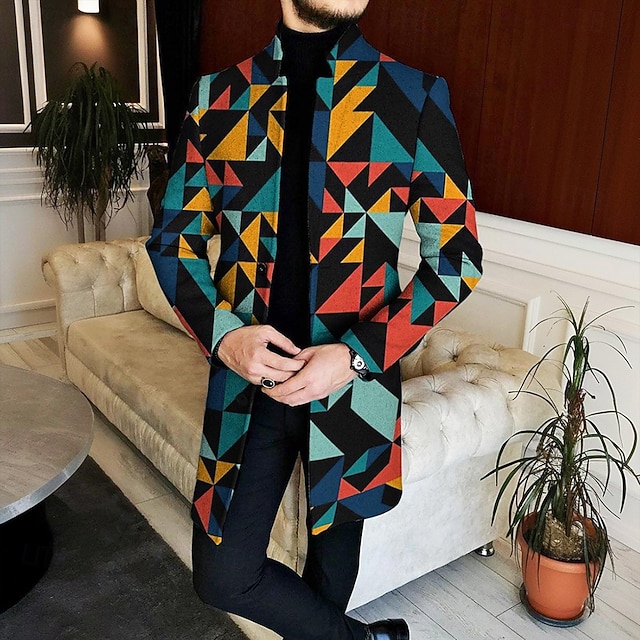  Muži Geometrický Pléd Kabát Na běžné nošení Obchod Ležérní Denní 3D tisk Knoflíky Přední kapsa Jaro Podzim Zima Otevřené Dlouhý rukáv Černá Vodní modrá Hnědá