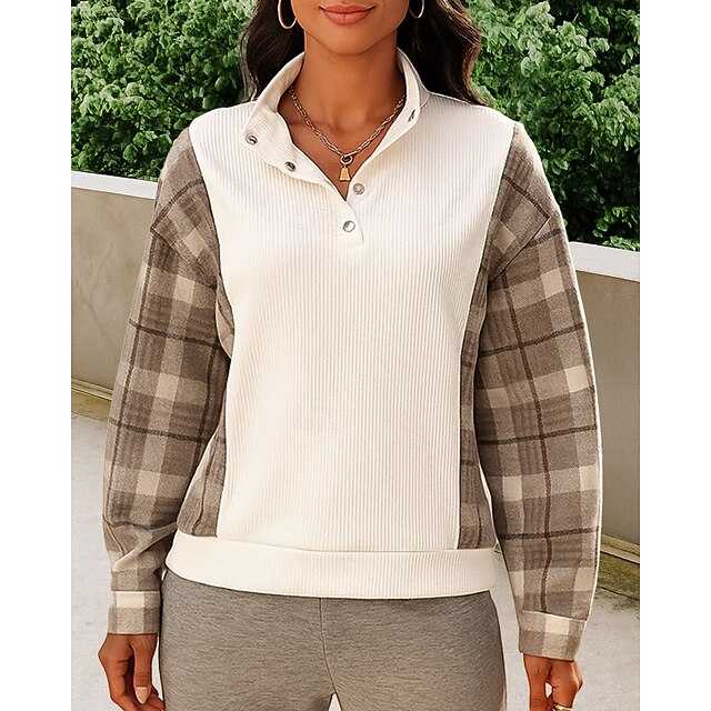 Women's Pullover Sweatshirt Casual Tops Buttons Long Sleeve Top Athleisure Plaid Checkered Outdoor Travel Sports Sportswear Activewear Beige4