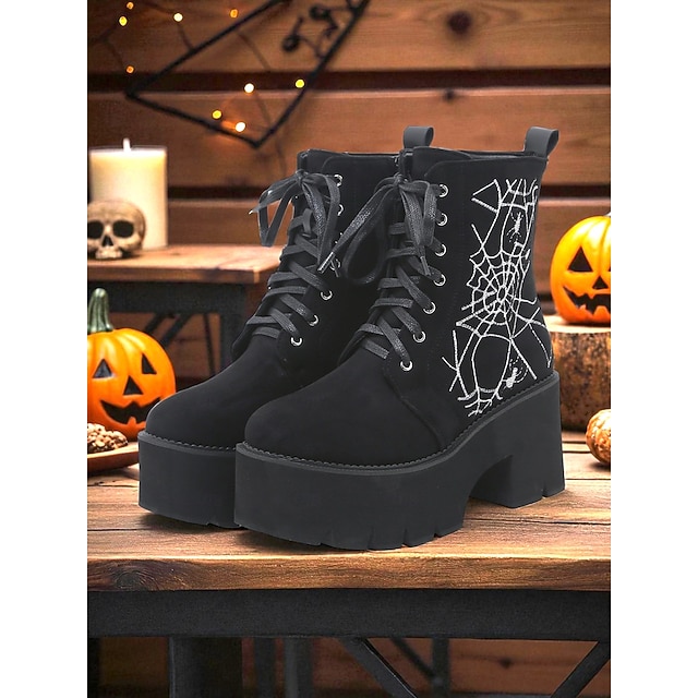  stivali da combattimento con plateau neri da donna con ricamo a ragnatela - stivaletti allacciati con tacco grosso in stile gotico per feste di Halloween, cosplay e serate fuori