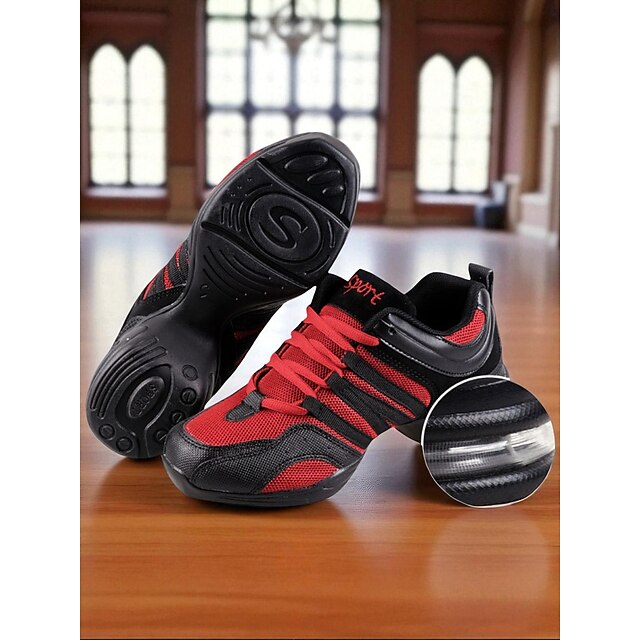 Women's Red and Black Mesh Jazz Dance Sneakers with Split Sole, Lightweight Breathable Design - Professional Practice Footwear for Hip Hop, Zumba, and Ballroom Training