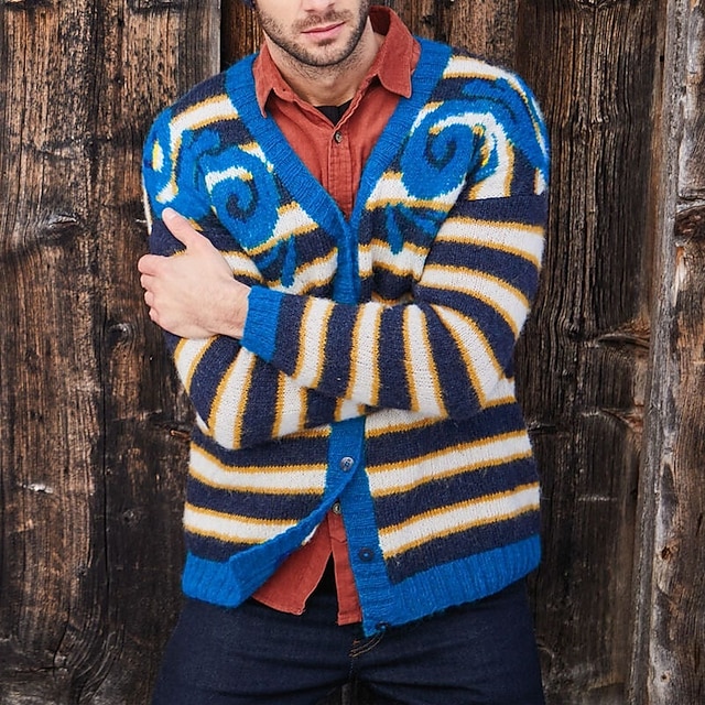  Herr Tröja Cardigan Tröja Ribbad Sticka Vanliga toppar Jacquard Rand Slät V-hals Semester Mode Ledigt Dagliga kläder Kläder Vår & Höst Blå M L XL