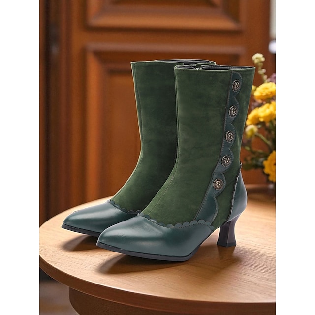  Dámské edvardovské viktoriánské kozačky na knoflíky - zelené semišové a kožené kozačky do půli lýtek z počátku 20. století s ozdobnými knoflíky, kotníkovými podpatky a vintage stylem pro historické