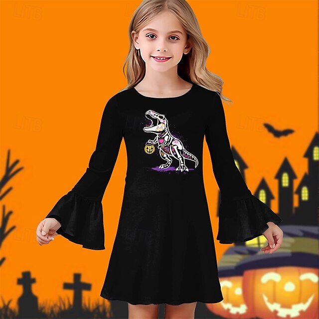 Halloween Girls' 3D Pumpkin Dinosaur Dress Ruffle Dress Long Sleeve Summer Spring Vacation Daily Holiday Beautiful Sweet Kids 4-12 Years Casual Dress Knee-length Regular Fit4