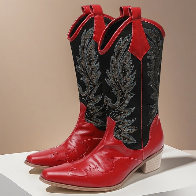  Pánské červeno-černé kovbojské boty westernového stylu – vysoké vyšívané rodeo boty na country festivaly, line dance a farmářské outfity