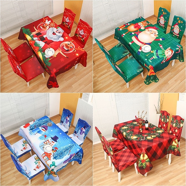  Julstolsöverdrag och bordsduksset, jultryckta stretchstolsöverdrag med bordsduk för matsal, kök, festdekor
