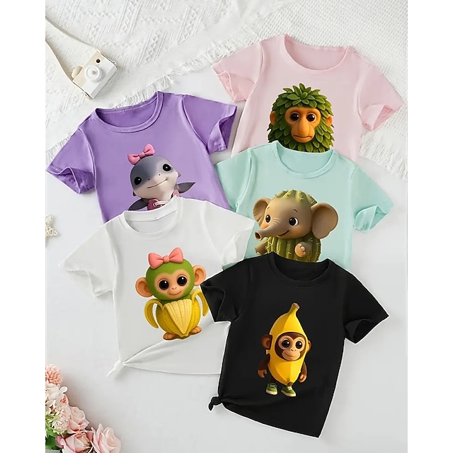  男の子用おもしろイタリアンブレインロットグラフィックTシャツ5枚セット。かわいい小さなブレインロット、サメ、靴、タイヤ、カエル、バナナ、ゴリラ、コーヒー、忍者、トレの漫画プリントが特徴の男の子用夏用半袖Tシャツ5枚セット。
