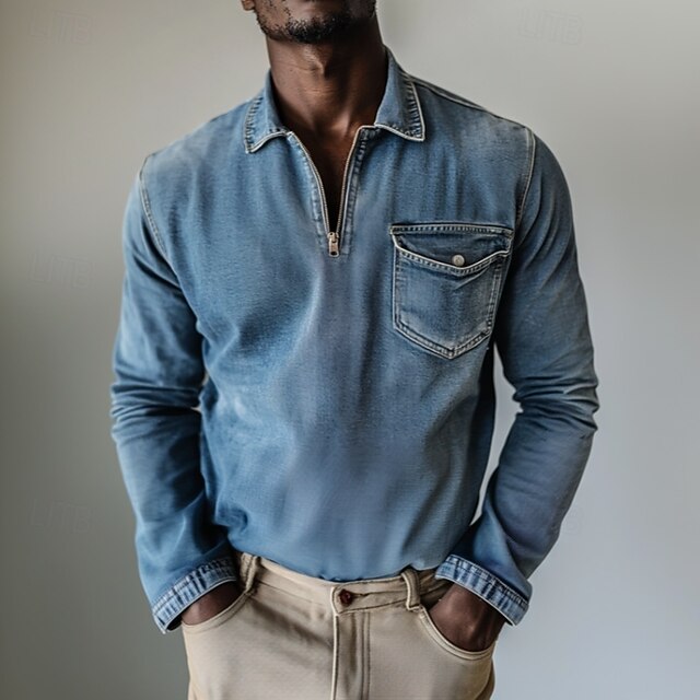 Men's Pullover Sweatshirt Zip Polo Vacation Street Zip Long Sleeve Fashion Basic Plain Pocket Fashion Spring &  Fall All Seasons Regular Fit Blue Pullover Sweatshirt4