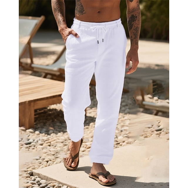  Herr Linne Byxor Långbyxor Sommarbyxor Strandbyxor Snörning Ficka Elastisk midja Slät Komfort Andningsfunktion Semester Dagligen Helgdag Hawaiisk Boho 다크 카키 Svart