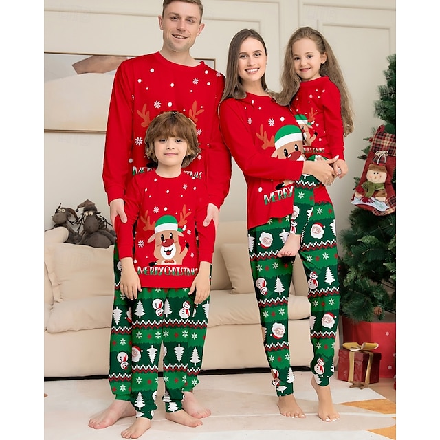  ファミリールック パジャマ クリスマス柄 家 プリント ルビーレッド 長袖 活発的 マッチング衣装