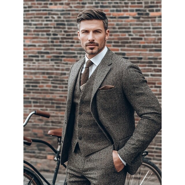 Men's Wedding Business Tweed Suits Notch Lapel Gray Daily Casual Herringbone Tailored Fit 3 Piece Single Breasted Two-buttons3