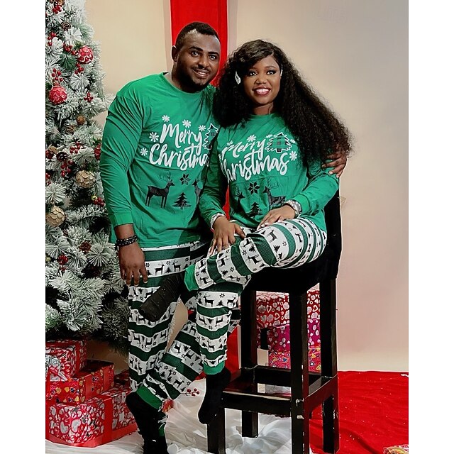 Family Pajamas Christmas Pattern Home Print Deep Green Long Sleeve ...