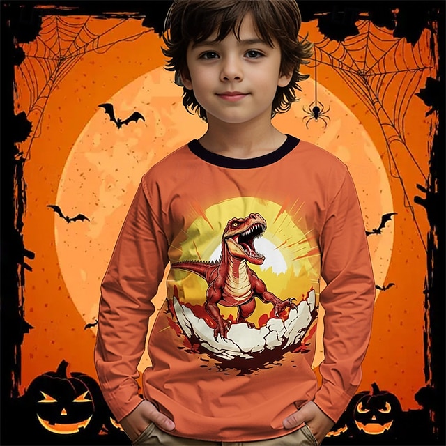  Halloween Pojkar 3D Tecknat Dinosaurie T-shirt Långärmad Vår Höst Mode Grundläggande Barn 4-12 år Rund hals Utomhus Ledigt Dagligen Normal