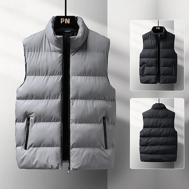  Herren Steppweste Weste Gilet Urlaub Täglich Date Mode Lässig Winter Tasche Polyester Warm Bequem Einfarbig Reisverschluss Stehkragen Normale Passform Schwarz Rote Blau Grau Weste