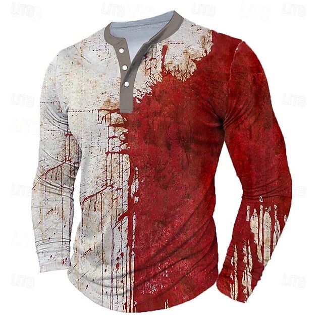 Men's Halloween Blood Splatter Blood stains Henley Shirt Long Sleeve Fashion Cute Daily Casual Holiday Going out Spring &  Fall All Seasons Khaki Henley Henley T-Shirt4