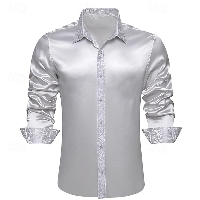  Per uomo Camicia Come la seta Camicia in raso Camicia casual Camicia con Bottoni Camicia da Ballo Semplice Matrimonio Affari Argento Manica Lunga Bavero Primavera & Autunno Tutte le stagioni
