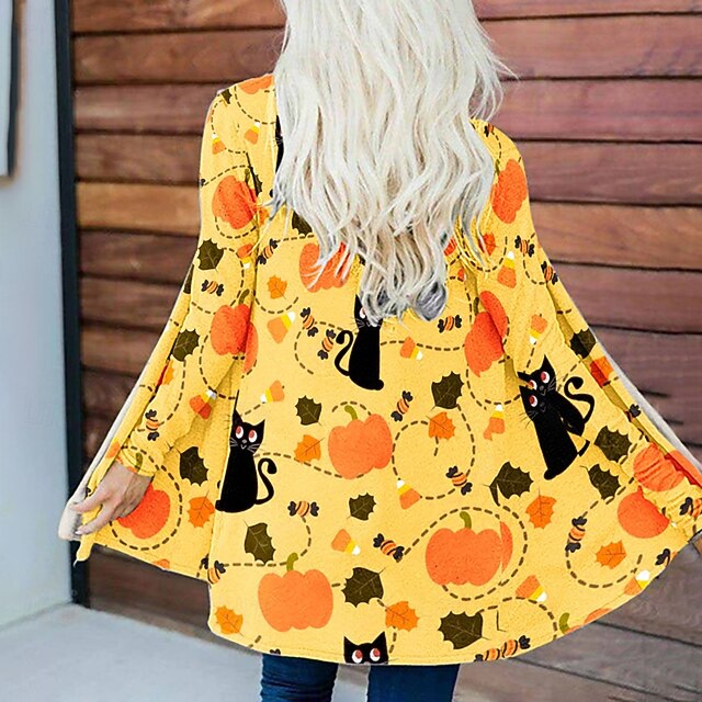 Halloween Women's Casual Jacket Pumpkin Warm Comfortable Irregular Hem Open Front Elegant Vintage Modern Skull Street Casual Athleisure Daily Long Collarless  Long Sleeve Outerwear Light Yellow4