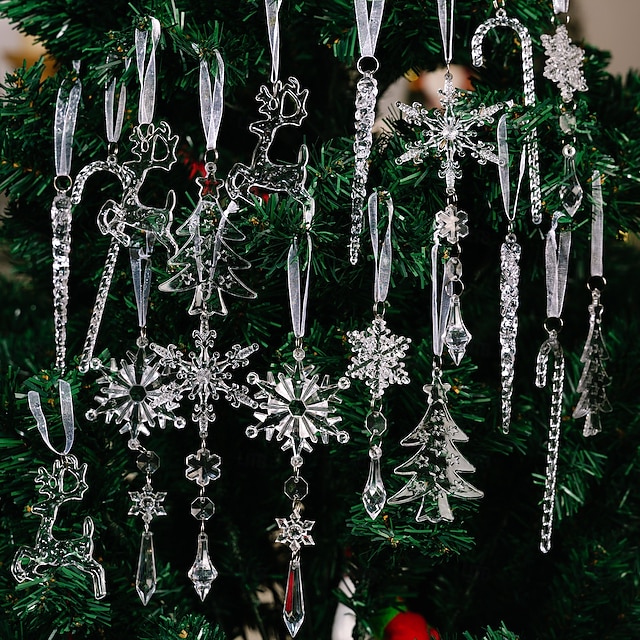  18 ornamente de cristal pentru brad de Crăciun - ornamente de cristal acrilice suspendate în formă de țurțuri de zăpadă de Crăciun pentru brad de Crăciun, articole de petrecere de iarnă pentru Anul