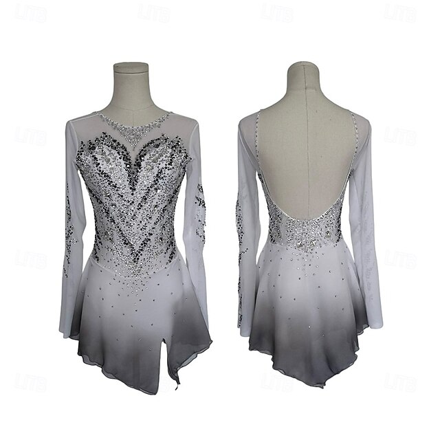 Figure Skating Dress Women's Girls' Ice Skating Dress Gray+White Patchwork Asymmetric Hem Spandex High Elasticity Training Competition Skating Wear Classic Crystal / Rhinestone Long Sleeve Ice3