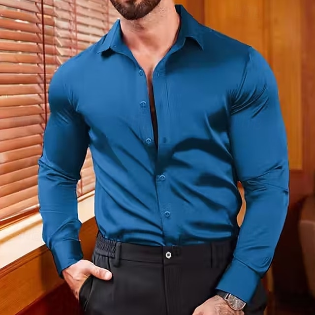  Per uomo Camicia Come la seta Camicia in raso Camicia elegante Camicia con Bottoni Semplice Formale Matrimonio Blu chiaro Nero Bianco Vino Manica Lunga Bavero Primavera & Autunno Tutte le stagioni