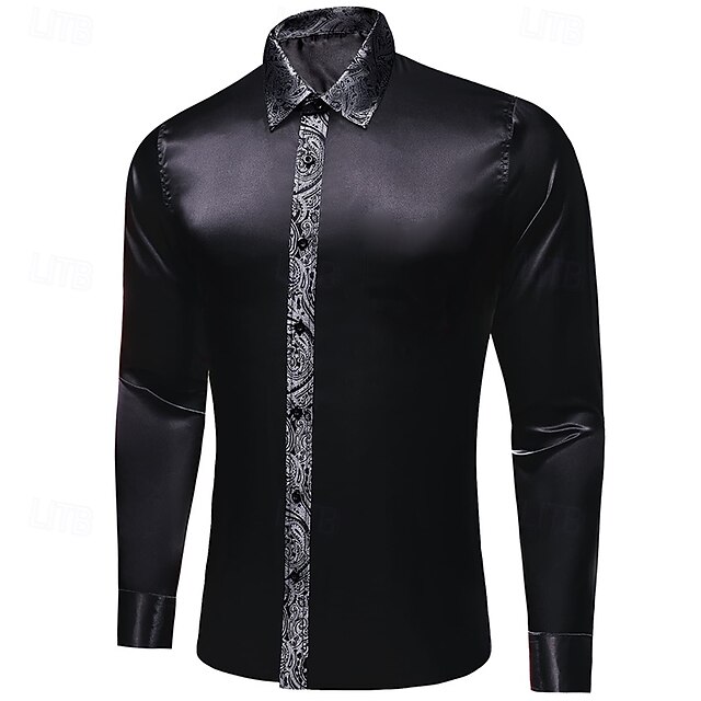 Men's Shirt Silk Like Satin Shirt Casual Shirt Button Up Shirt Prom Shirt Plain Formal Wedding Black Long Sleeve Lapel Spring &  Fall All Seasons Clothing Apparel4