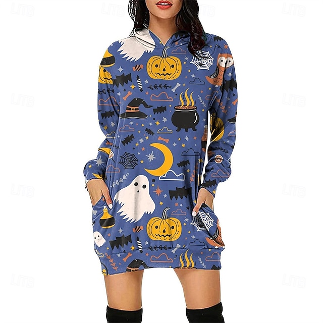  Femmes Mini Robe Robe à Capuche Robe Décontractée Mode Moderne Halloween Quotidien Week-end Coupe régulière Potiron manche longue À capuche Jaune Bleu Violet Vert Printemps Automne
