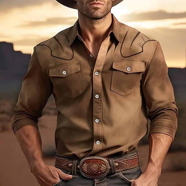 Men's Gradient Color Shirt Western Shirt Cowboy Shirt Long Sleeve Vintage Retro Outdoor Casual WorkWear Spring Fall Turndown Front Two Pockets Linen Like Shirt Button Up Shirts Brown4