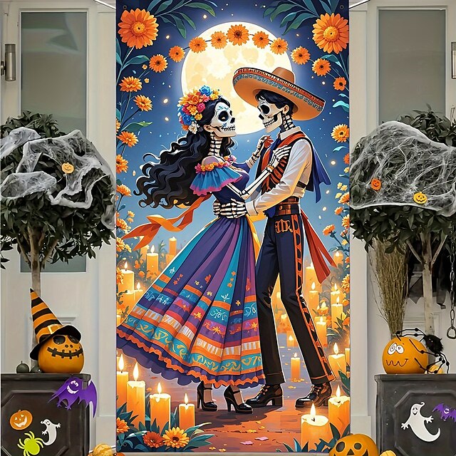 Day of the Dead / Día de los Muertos Door Decorations Skeleton Couple Door Covers Tapestry Curtain Decoration Backdrop Banner with Marigold Flowers and Candles for Front Door Farmhouse Holiday Party Indoor Outdoor Decor Supplies4