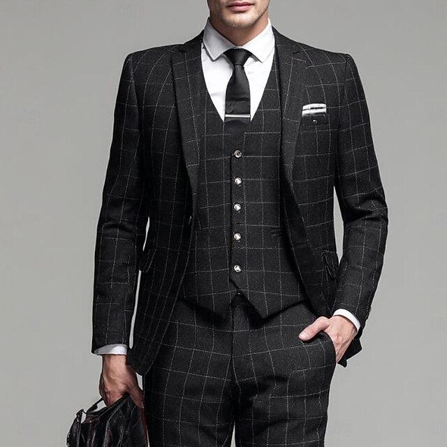 Men's Casual Semi Formal Business Suits Notch Lapel Black Formal Plaid Slim Fit 3 Piece Single Breasted One-button2