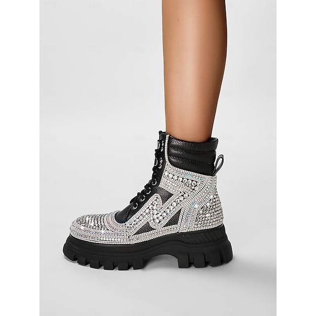  Botas plataforma de combate femininas com strass - botas de cano curto brilhantes com cadarço e sola grossa para festas e saídas à noite &moda de festival