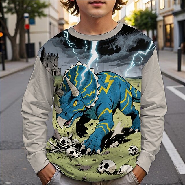 Halloween Boys' 3D Dinosaur T shirt Tee Long Sleeve Spring Fall Fashion Basic Kids 4-12 Years Crew Neck Outdoor Casual Daily Regular Fit4