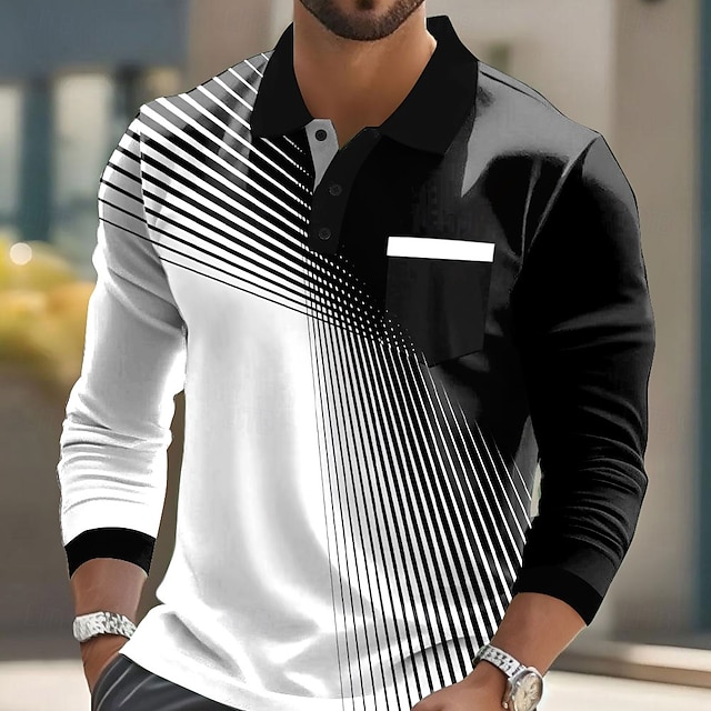  Herr Geometrisk Polo Långärmad Polotröjor Kavajslag Ledigt Business Casual Fritids- Dagliga kläder Ficka 3D-utskrift Knappar Vår Höst Svart Rubinrött Blå