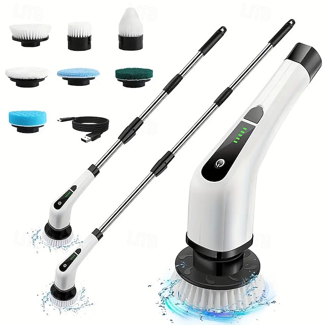 Brosse de nettoyage de douche à brosse rotative électrique avec 7 têtes de brosse remplaçables et brosse électrique sans fil à long manche amovible adaptée aux carreaux de baignoire