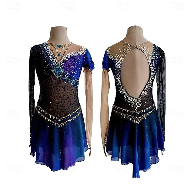 Figure Skating Dress Women's Girls' Ice Skating Dress Blue Black Patchwork Open Back Mesh Spandex High Elasticity Training Competition Skating Wear Classic Crystal / Rhinestone Long Sleeve Ice2