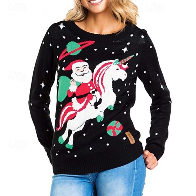 Women's Sweater Pullover Casual Reindeer Santa Claus Ribbed Crew Neck Knitted Print Long Sleeve Regular Tops Knit Christmas Daily Going out Black Winter4