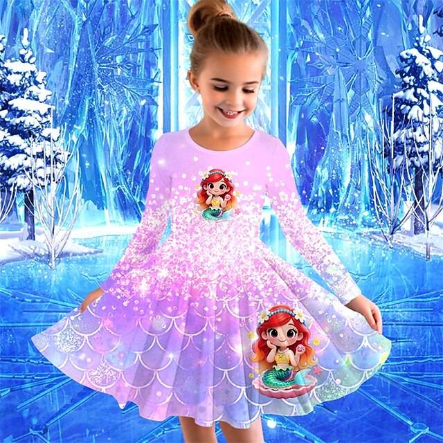 Girls' 3D Mermaid Dress Long Sleeve Summer Spring Vacation Daily Holiday Princess Beautiful Sweet Kids 4-12 Years Casual Dress A Line Dress Knee-length Regular Fit4