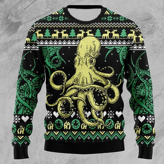  Weihnachten Herren Tiermotiv Weihnachtsbaum Pullover Strickware Rundhalsausschnitt Lässig Urlaub Täglich Festival 3D-Druck warm halten Langarm Frühling Herbst Winter Braun Grün