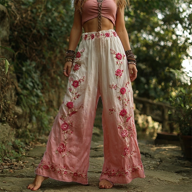  Femmes Jambe large Pantalons Pantalon palazzo ancien Boho Longueur complète Taille haute Fleur Taille Élastique Impression Respirabilité Confortable Rue Tenue quotidienne Sortir Rose dragée Printemps