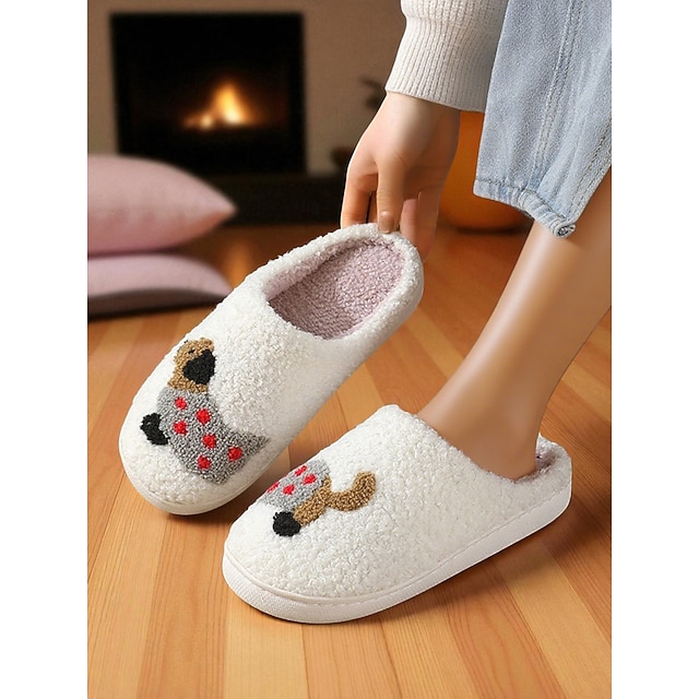  Chaussons blancs en fausse polaire pour femme avec joli motif corgi – chaussures d'hiver confortables pour la maison, la chambre et le salon