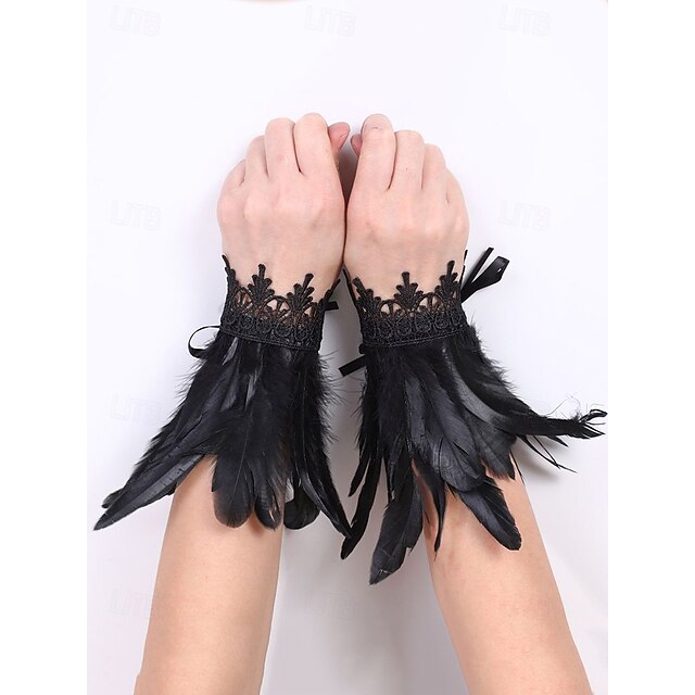  Algemas de pulso de penas góticas de Halloween para mulheres, pulseira de renda preta e penas coloridas, acessórios de fantasia para festas, cosplay e baile de máscaras