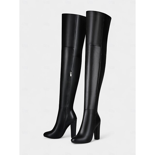  stivali sopra il ginocchio in similpelle nera da donna - tacco alto e largo, cerniera laterale, calzature invernali chic in stile street per tutti i giorni, le serate fuori e gli eventi di moda