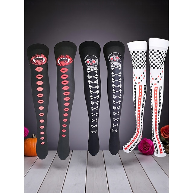  Dames Halloween overknee sokken met gotische schedel, vampier en kaartprint - leuke nachtclubkousen voor kostuums en cosplay-outfits