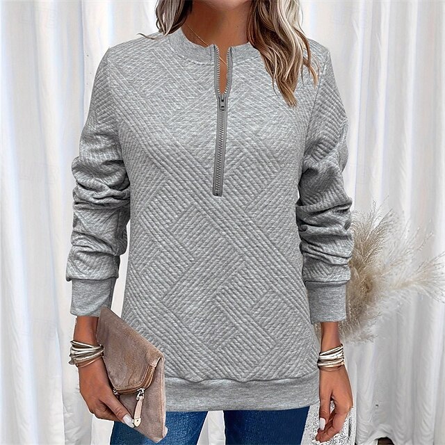 Women's Texture Sweatshirt Sweatshirts Zip Up Sweatshirts Plain Streetwear Casual Comfy Long Sleeve High Neck Regular Tops Street Holiday Going out Half Zipper Quarter Zipper Quarter Zip White Gray4