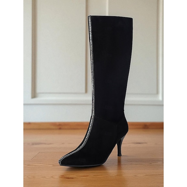  Botas femininas pretas de cano alto com detalhes em strass – botas sociais de salto agulha e bico fino para passeios diários, noite e moda outono-inverno